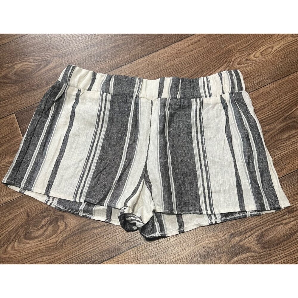 Workshop Shorts Womens Medium Linen Blend Black White Stripe Coastal Nautical
